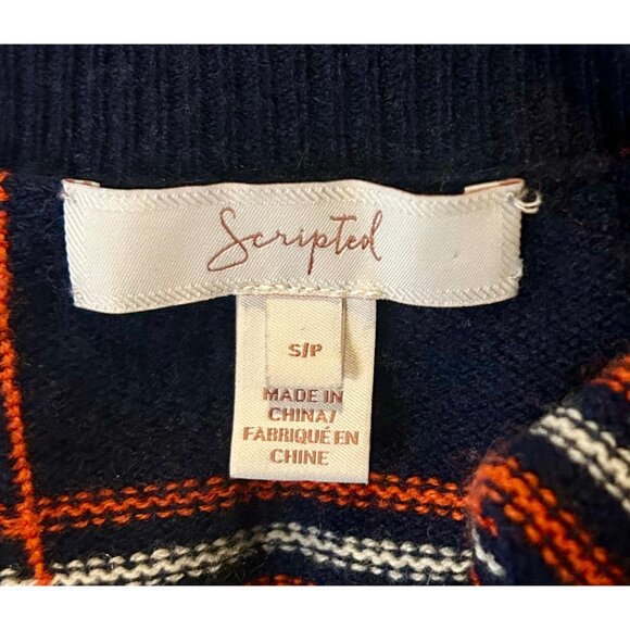 Scripted Ethan Windowpane Plaid Navy Orange Sweater distressed fringe - Picture 10 of 10